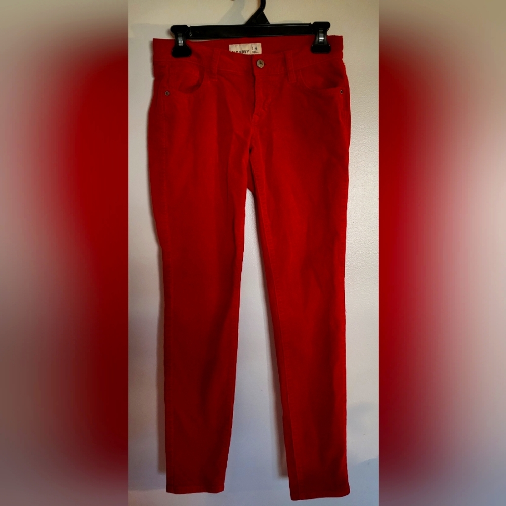 Red corduroy skinny jeans